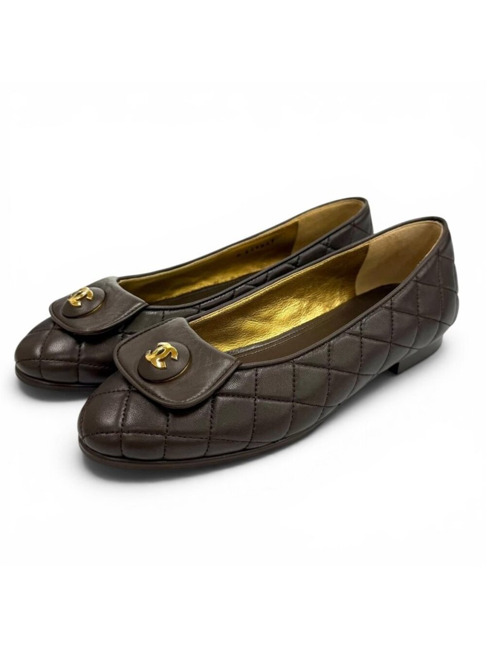 Chanel Ballerina CC Logo Quilted Ballet Shoes Brown Gold